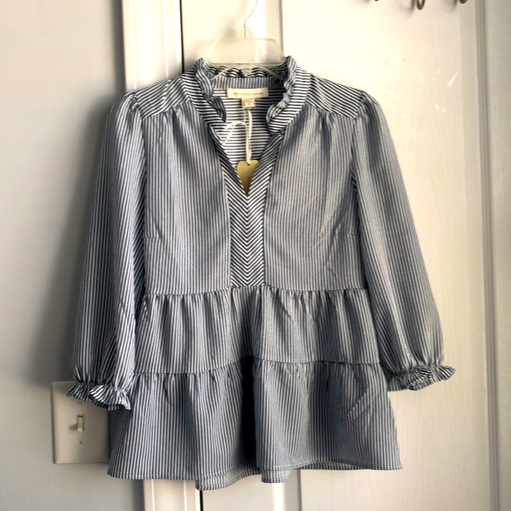 Blue and white striped seersucker blouse